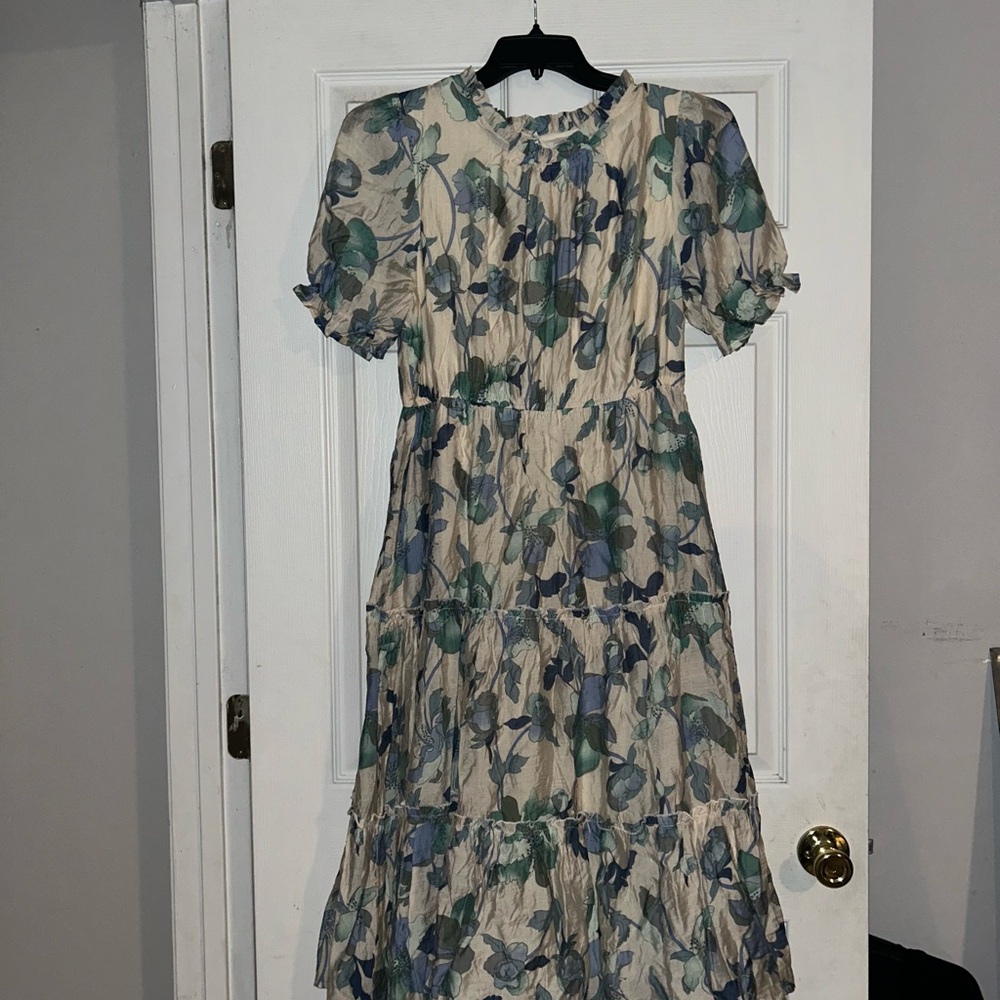 Cream Floral Tiered Midi Dress with Blue-Green Print